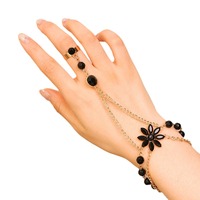 Ensemble bague et bracelet de cheville fleur en zircon noir électroplaqué en alliage, design haut de gamme pour femme, le plus vendu