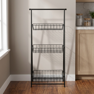 3 Tier <b>Black</b> Metal Floor Standing Storage Rack with <b>Wire</b> Baskets Modern Iron <b>Shelf</b> Organizer - Product Image 2
