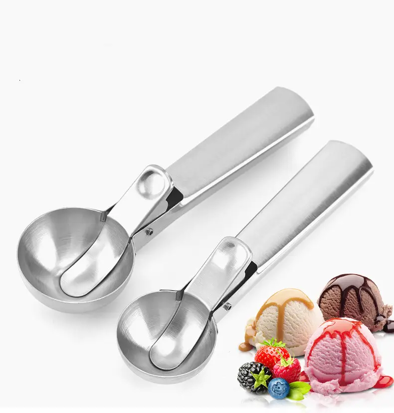 Colher de geladeira em aço inoxidável, com gatilho de escova de icecream de metal, perfeito para yogurte congelado, gelatos, sundaes