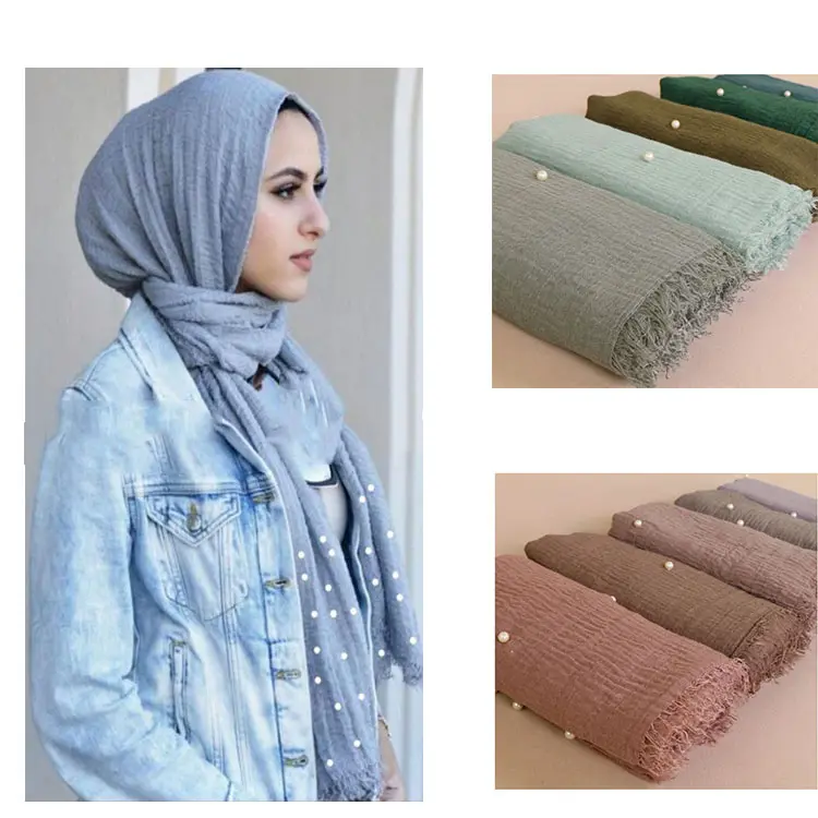 FORÇA MOTRIZ Muçulmano pérola frisado preto e branco de algodão dobra hijab muçulmano popular pura lã borda algodão crinkle xale hijab hijab