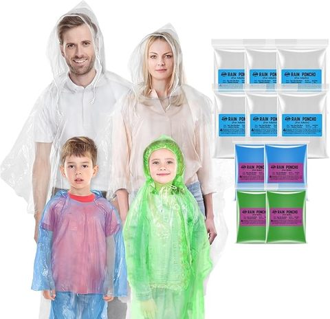 Family Pack Disposable Rain Ponchos Waterproof Plastic Ponchos with Drawstring Hood for Adults and Kids