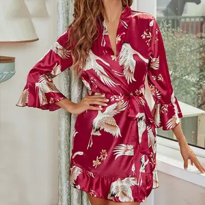 Женская летняя Пижама 2022, оптовая продажа, женская одежда для отдыха с рюшами и рукавами, шелковый халат с цифровым принтом, Женский Атласный халат с поясом