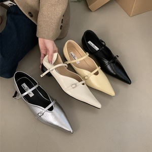 2025 <b>Pointed</b> <b>Toe</b> Women Mary Jane Black Silver Casual Mules Belt Buckle Shallow Low <b>Flat</b> Party Pumps Size 39 Shoes - Product Image 2