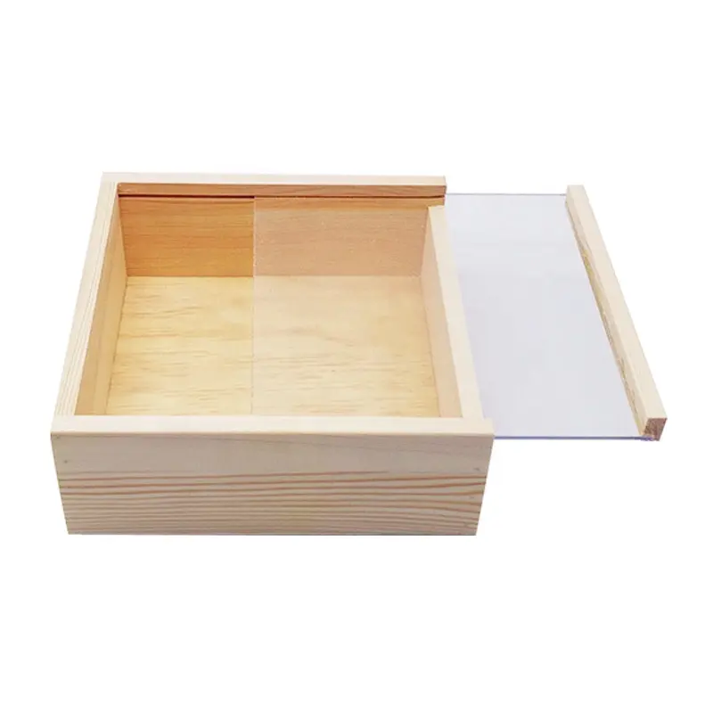 Fancy pine wood natural color custom gift box with transparent lacrylic clear id wood packaging box