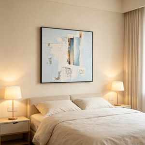 Quiet Horizon Silk Screen Oil Painting Handmade Artwork <b>Canvas</b> Painting Wall Art Framed Minimalist Textured Blue White <b>Abstract</b> - Product Image 2