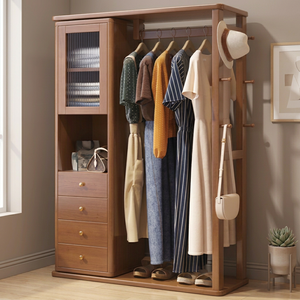 Porte-manteau moderne en bois massif avec 6 crochets et 4 étagères, meuble de rangement multifonctionnel autoportant pour chambre et salon - Product Image 3