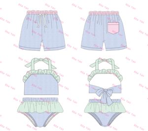 Costume da bagno personalizzato bambino bambina intero costume da bagno con volant bambina piccola Lime blu Seersucker costumi da bagno - Product Image 6
