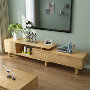 Meuble TV extensible en bois massif de style scandinave moderne avec tiroirs de rangement et étagère pour salon - Product Image 4