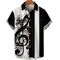 Modetrend 3D gestreiftes Herrenhemd lässig Musik Gitarre Hip Hop Kurzarm-T-Shirt lockeres Herren-Hawaii-Hemd