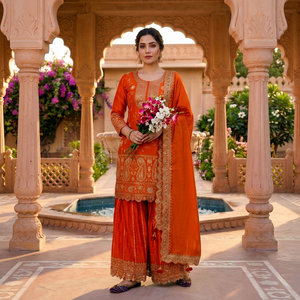 Ensemble de vêtements pour femmes de style indien vintage, haut Sharara Plazzo Dupatta en soie Chinon, broderie et travail de sequins - Product Image 1