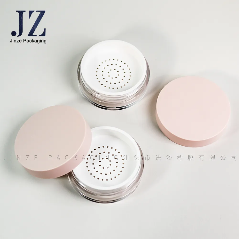 Jinze kotak kosmetik plastik, wadah bubuk longgar bentuk bulat kosong dengan saringan merah muda