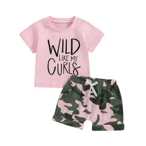 Oem abbigliamento per bambini basso moq rosa con cornice foto 2 pezzi pantaloncini per ragazze set di abbigliamento per bambini