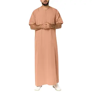 Homens personalizados Thobe manga curta Robe Casual Onesie vestido de pijamas Algodão Toga Plain Muçulmano Mens Robe Com Zíper