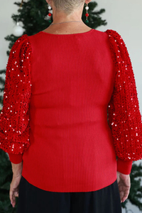 Maglione da Donna Dear-Lover all'Ingrosso, Rosso Fiammante con Maniche in Paillettes, Patchwork a <span class=keywords><strong>Coste</strong></span>, Scollo Quadrato, per le Vacanze - Product Image 3
