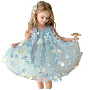 <strong>Dress</strong> for Children <strong>Girls</strong> Blue Princess <strong>Dress</strong> Sleeveless Tie - Waist Polyester Tulle <strong>Dress</strong> with 3D Flowers - Product Image 4