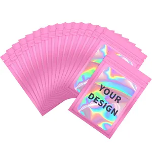 Roze Clear Front Verpakking Hologram Holografische Regenboog Kleur Ziplock Hersluitbare Rits Mylar Zakken Geur Proof Voedsel Opslag