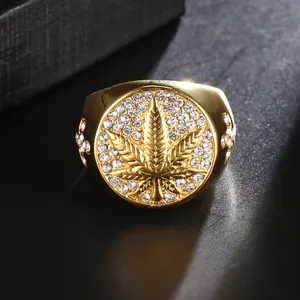 Mannen Ring Hip Hop Iced Out Bling Goud Rvs Micro Verharde Rhinestone Weed Maple Leaf Ringen Kruis Diamant ring