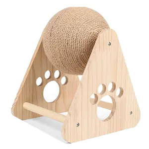 Wood Cat Scratcher Toy, Built-in Bell Natural Sisal Cat Scratching Rotatable Ball for Cats & Kittens Pet