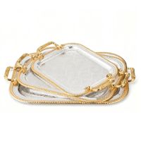 Ensemble de 3 plateaux de service en métal avec poignées, bord doré, plateau à thé rectangulaire embossé avec boîte cadeau pour le thé, le café, les mariages