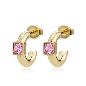 宝石定制纯银方形粉色锆石14k金箍耳环