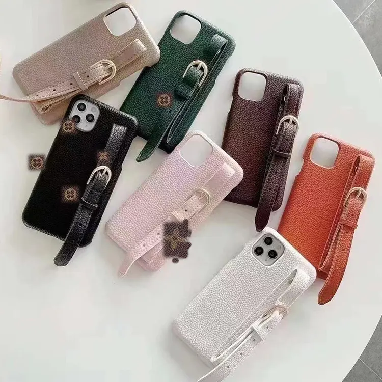 High quality new fashion brand design pu faux leather phone case for iPhone 12 13 14 pro max with holder strap