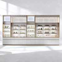 Kiosque de présentation de maquillage en bois avec étagères ouvertes, miroir, panneau perforé, outils suspendus, quatre tiroirs, CE ETL pour salon de beauté