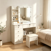 Coiffeuse de chambre style crème avec éclairage LED intégré, idéale pour petits espaces, avec meuble de rangement, économique pour le maquillage à domicile