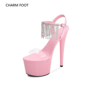 Zapatos de tacón fino con plataforma negra para mujer, Sandalias de tacón alto de 17cm, zapatos de boda para verano - Product Image 6