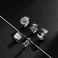 Lot de 5 bagues gothiques squelette, crâne, ailes de chauve-souris pour hommes, style punk vintage, couleur argent, bagues étoile, bijoux steampunk