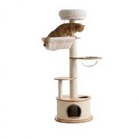 Arbre à chat avec capsule, lit pour chat de grande taille gainé de jute, structure d'escalade intégrée en bois massif, nid douillet, style épuré, gain de place