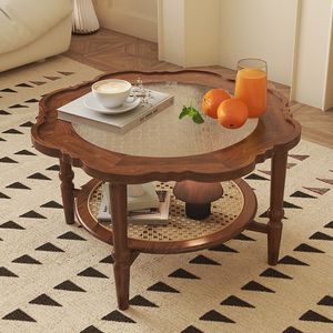 French Retro <b>Solid</b> <b>Wood</b> Round Coffee <b>Table</b> Glass <b>Top</b> Petal Shape Living Room Side <b>Table</b> New Style - Product Image 1