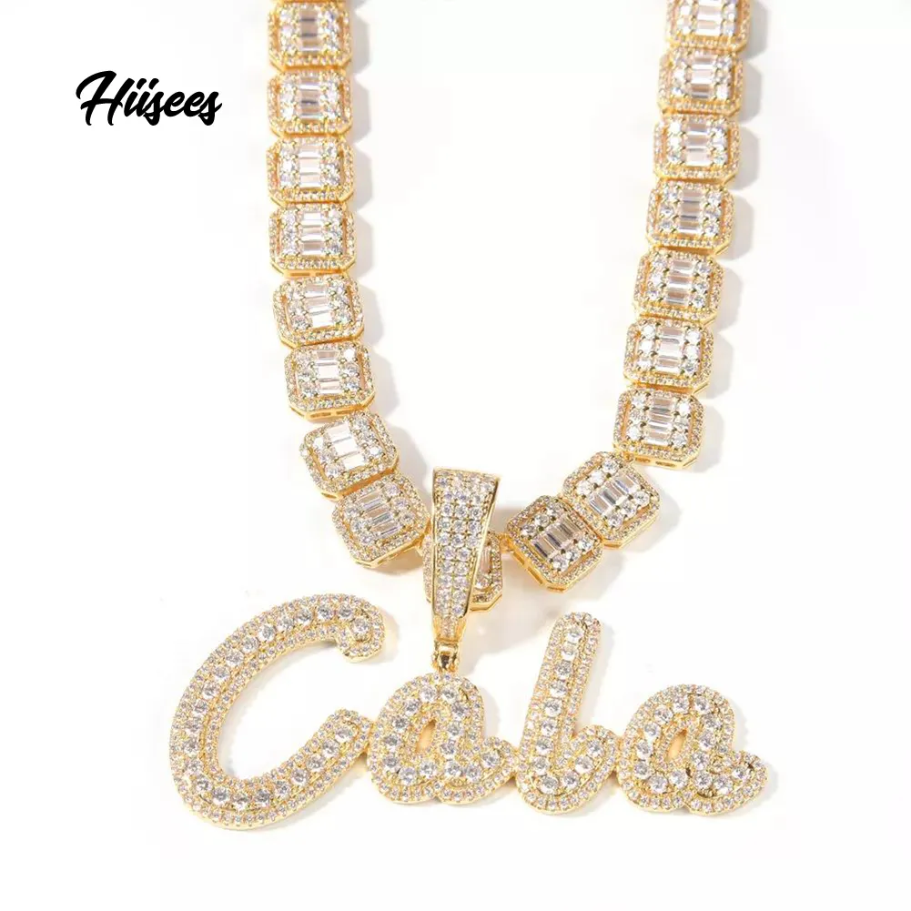 wholesale Bling cubic zirconia Baguette chain gold jewelry Customized personalized name women diamond Cursive letter necklace