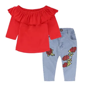 Kırmızı çocuk kız kolsuz fırfır gömlek çiçek kot seti bebek moda giyim kıyafet