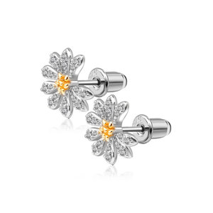 Stud Earrings Flower Daisy Rhinestone Silver Tone With Gold Center Party Jewelry For Women And Men - Product Image 1