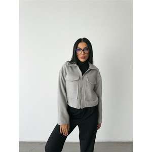 Chaqueta Corta de Cachemira Gris Extra Grande con Cierre Frontal, Capucha con Bordado, Estilo Bomber Varsity, Poliéster Sólido, Talla XL para Otoño y Primavera - Product Image 5