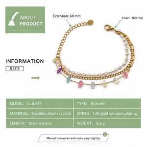Bracelet superposé multicolore en perles de cristal, chaîne en acier inoxydable plaqué or 14 carats sous vide, fermoir réglable à ressort - Product Image 2