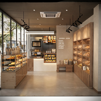 Conception d'intérieur de boulangerie sur mesure, présentoir à pain en bois, vitrine à gâteaux en verre, étagère LED, projet clé en main pour pâtisserie