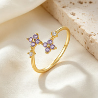 Bague ouverte Glowluxe en argent sterling 925 plaqué or, design trèfle à quatre feuilles avec zircon violet, bijoux botaniques contemporains