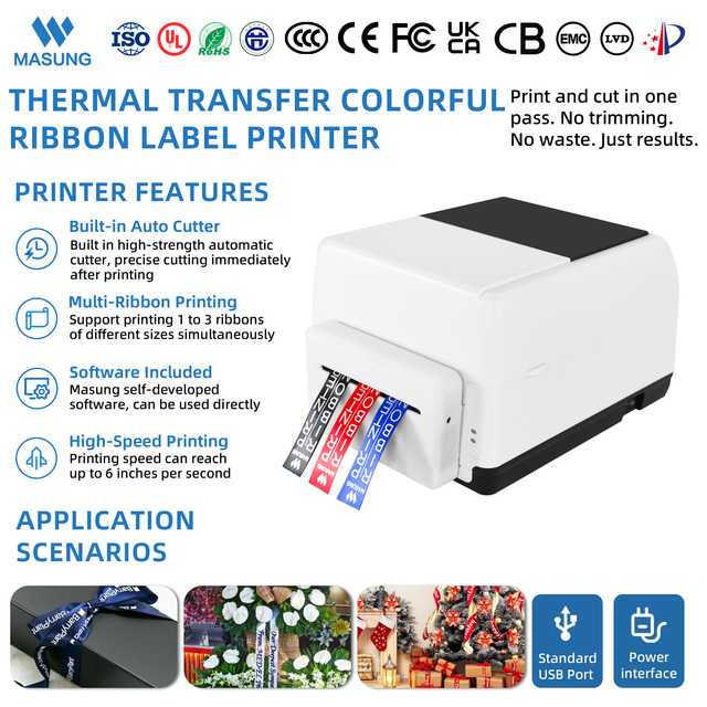 MASUNG 1730DC USB Thermal Transfer Printer with Cutter High Resolution for Multiple Satin Ribbon, Fabric & Washable Labels