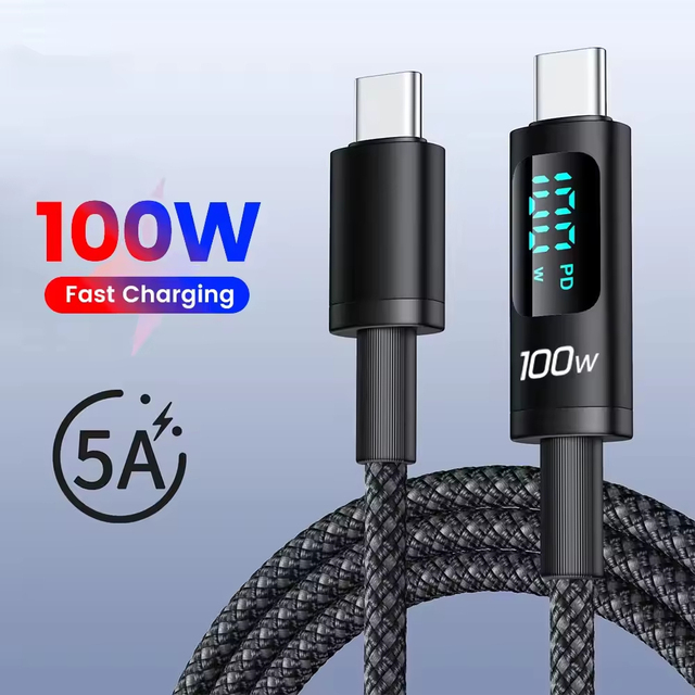 100W PD Type-C to Type-C Nylon Braided Fast Charging Cable with LED Digital Display 20V 5A for Mobile Phone & Printer