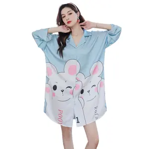 Pajama suppliers wholesale women's silk nightgown lapel long sleeve blouse nightdress loose plus size cartoon print sleepwear
