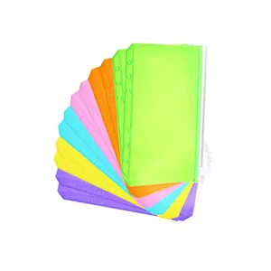 Envelope de PVC fosco multifuncional A6 transparente com 6 anéis, pasta de arquivo de plástico, bolsos coloridos com zíper para dinheiro, pasta de bolso