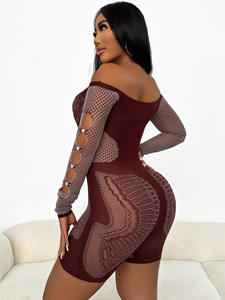 C2012 donna tinta unita monospalla senza spalline pantaloncini interi in maglia a maniche lunghe tuta scavata - Product Image 5