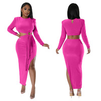 2024 vente en gros automne femmes nouvelles robes de soirée minces à manches longues col rond latéral rosée taille robe femmes élégantes robes décontractées