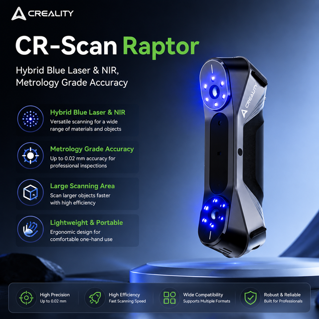 Creality CR-Scan Raptor 3D Scanner Blue Laser NIR Multiple Line 0.02mm Accuracy 60FPS Anti Shake Tracking 24Bit Color Scanner