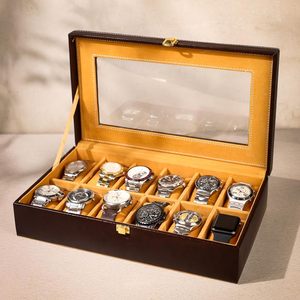 Luxury Brown Leather Watch Box Organizer <b>Display</b> <b>Case</b> with Glass Lid Multiple Slots Watch Storage for Men and Women - Product Image 2