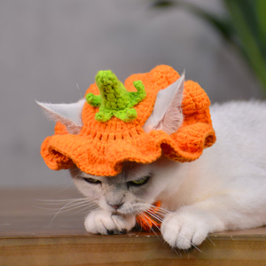 Gorro de ganchillo con volantes de calabaza para mascotas, gorra floral de poliéster para gatos y perros, accesorio para la cabeza de animales para fiestas de primavera y disfraces. - Product Image 2