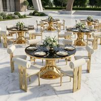 Table de banquet ronde de luxe avec plateau en verre noir et base en acier inoxydable doré pour mariage, événement, mobilier d'hôtel, vente en gros