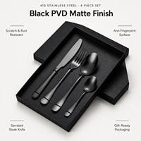 Ensemble de couverts 4 pièces moderne en acier inoxydable 410 noir PVD, finition mate, coffret cadeau mariage, résistant aux rayures, pour hôtel