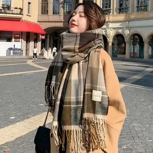 Fashion Plaid Scarf Female Tassel Shawl Cashmere Winter Warm Scarves Thickened Knitted Casual Hip hop Scarf